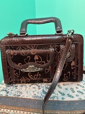 Brown faux Leather Heart-Print Satchel with Top Handle